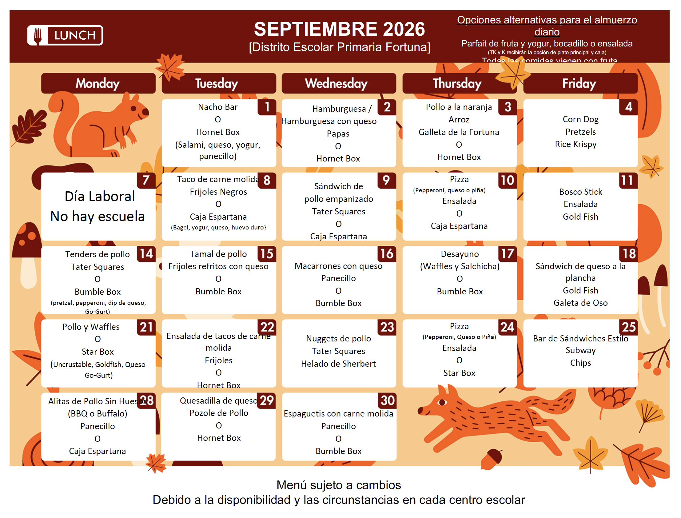 A colorful September 2026 school lunch menu calendar in Spanish, decorated with squirrels, leaves, and mushrooms.