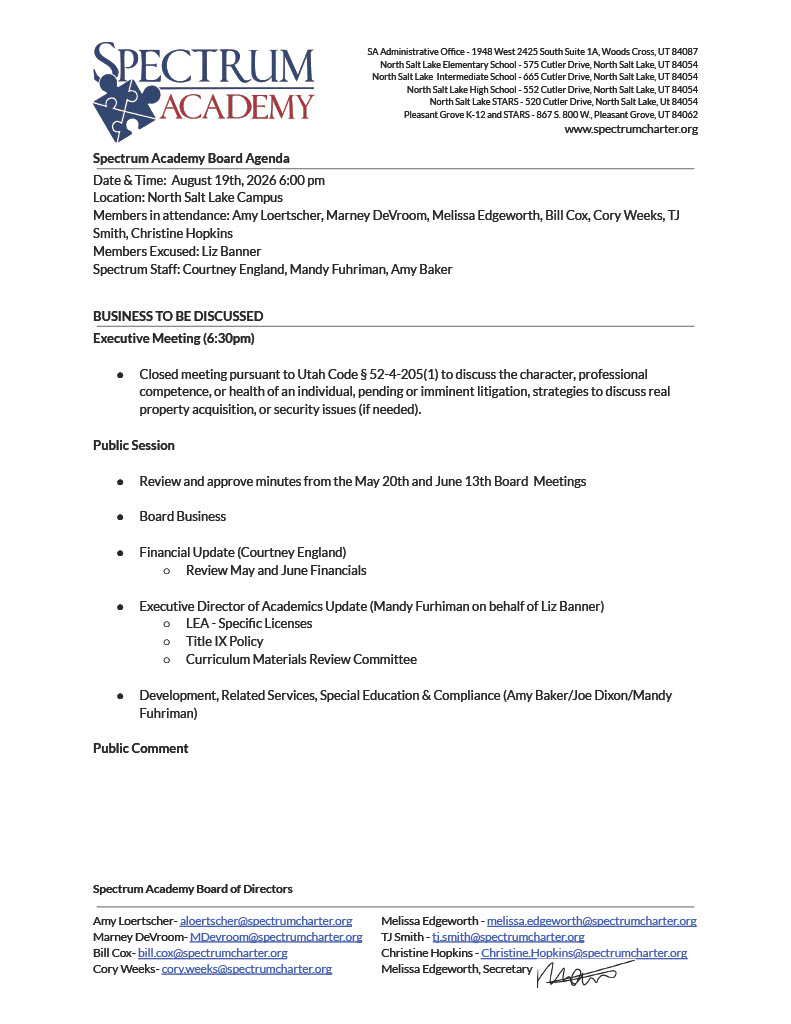 School Board Meeting Agenda, Aug 19
