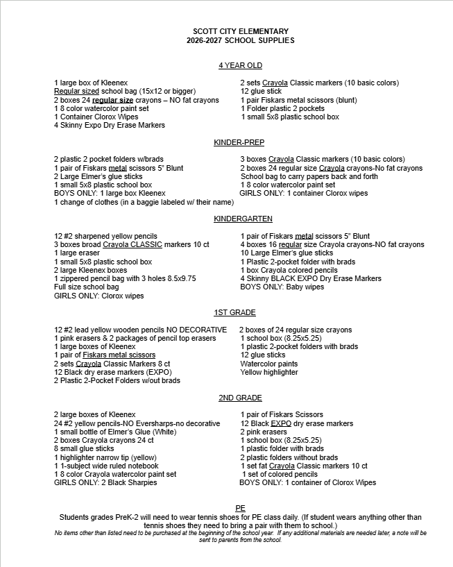 2026-2027 SCES School Supply List
