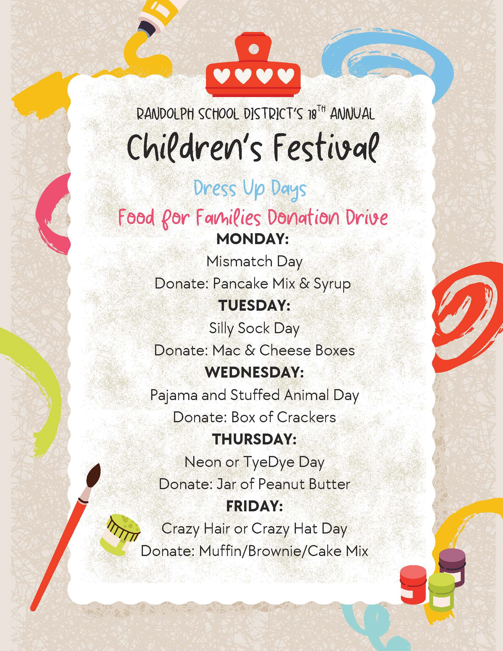 Poster for Randolph School District's 18th Annual Children's Festival, detailing dress-up days and donation items.