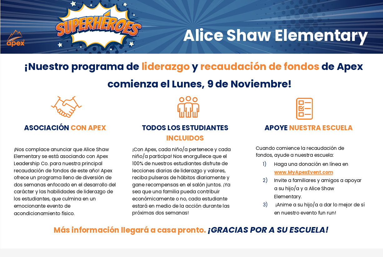 A Spanish-language flyer announces the Alice Shaw Elementary and Apex leadership and fundraising program starting November 9.