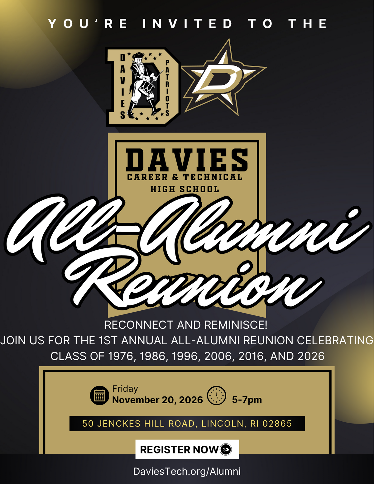 An invitation flyer for the Davies Career & Technical High School 1st Annual All-Alumni Reunion on Friday, November 20, 2026, from 5-7pm.
