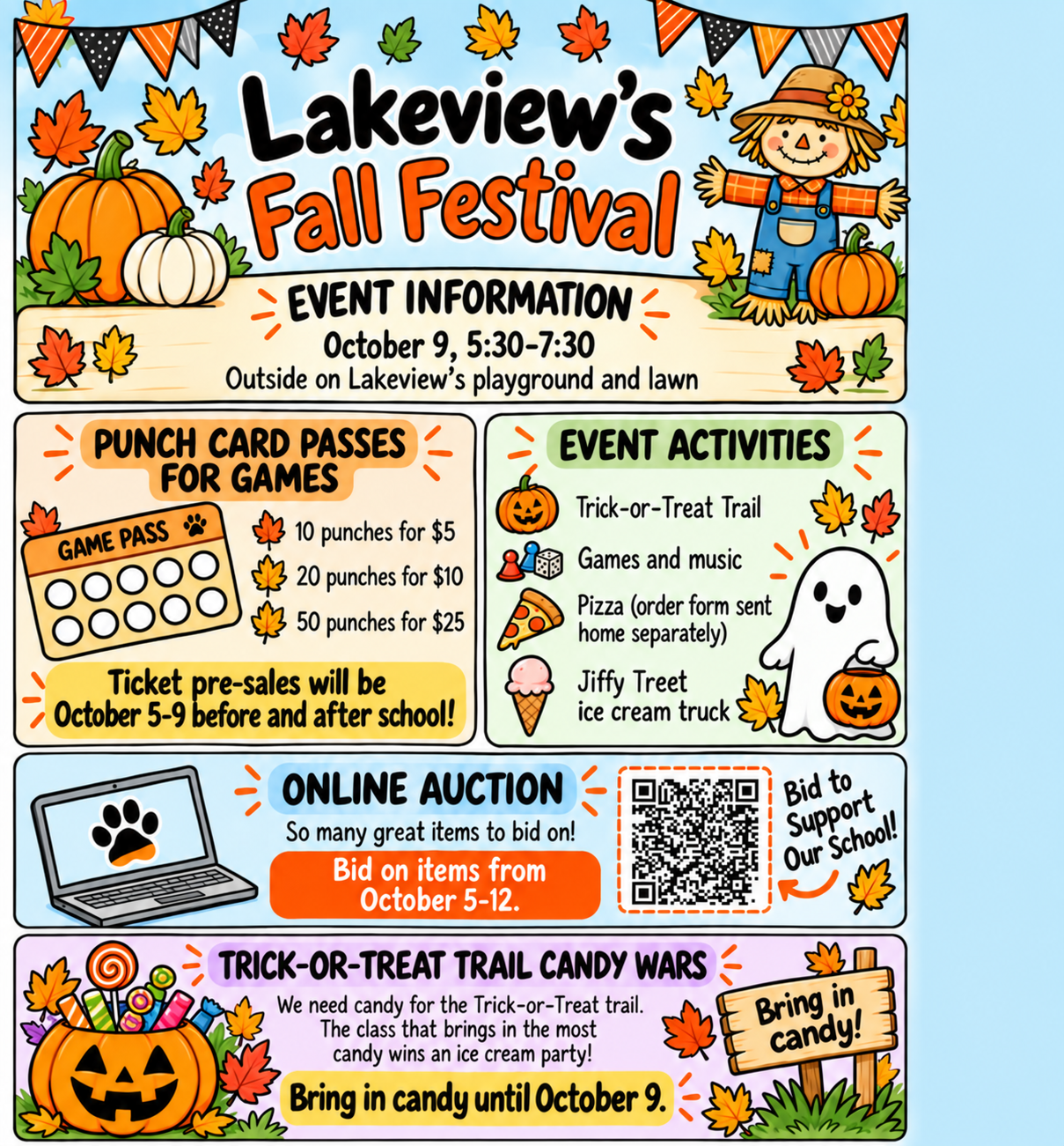 A colorful flyer for Lakeview's Fall Festival on October 9, featuring pumpkins, a scarecrow, and festive banners.