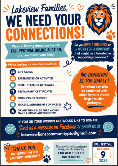 A school flyer seeking donations for a fall festival online auction, featuring a blue and orange lion mascot.