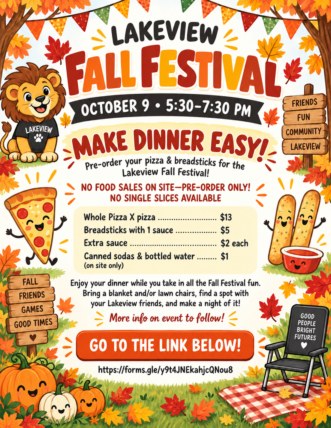 A colorful flyer for the Lakeview Fall Festival on October 9, featuring a cartoon lion, a pizza slice, breadsticks, and fall leaves.
