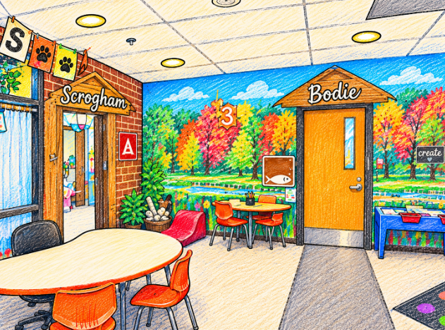 A colored pencil drawing of a colorful elementary school classroom with autumn tree murals.