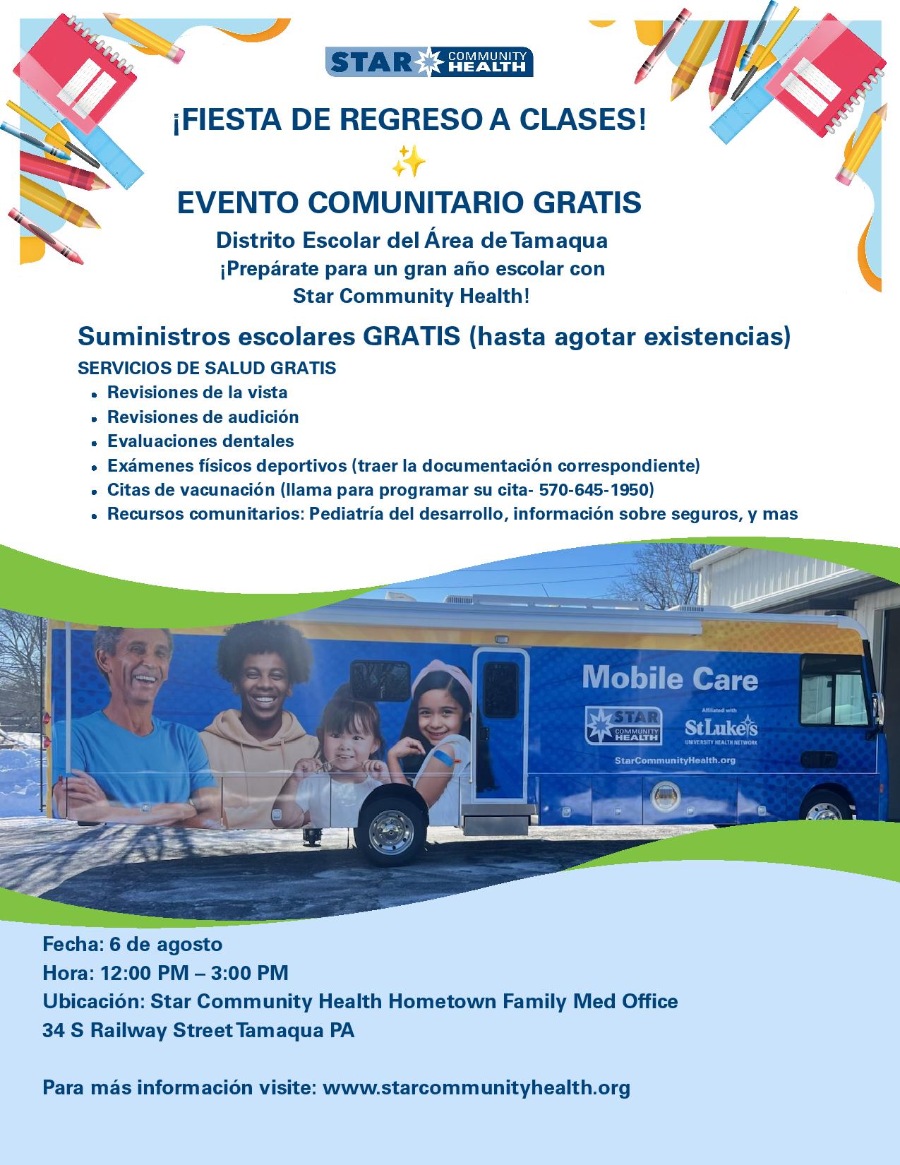 A flyer announces a free community event for back-to-school, featuring free school supplies and health services.