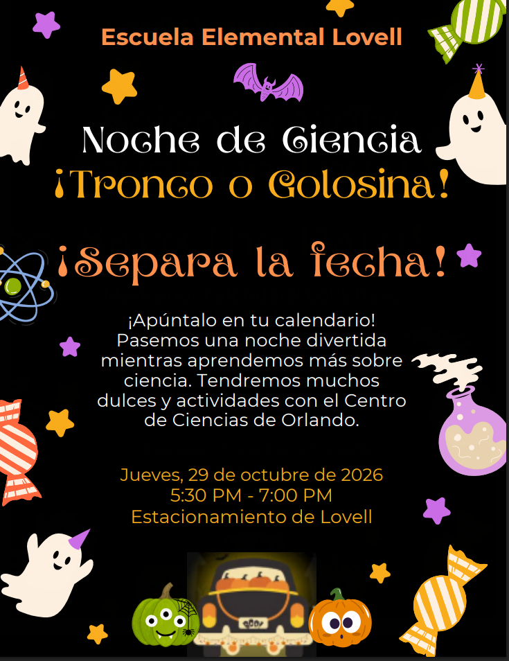 A flyer for a school Halloween science night with ghost, candy, and pumpkin illustrations on a black background.