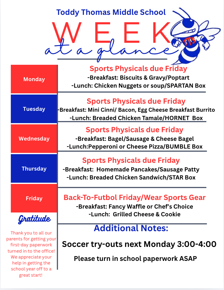 Toddy Thomas Middle School weekly schedule with daily meals and activities listed.
