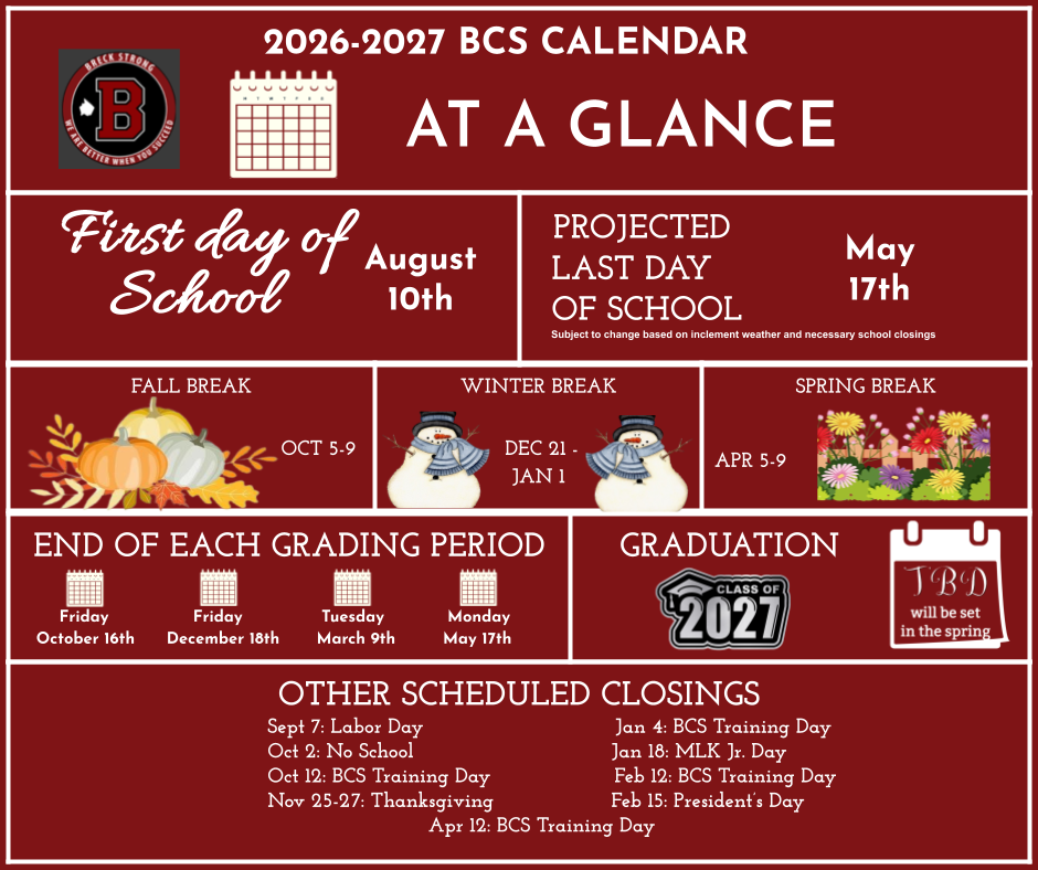 BCS School Calendar At A Glance 2026-2027