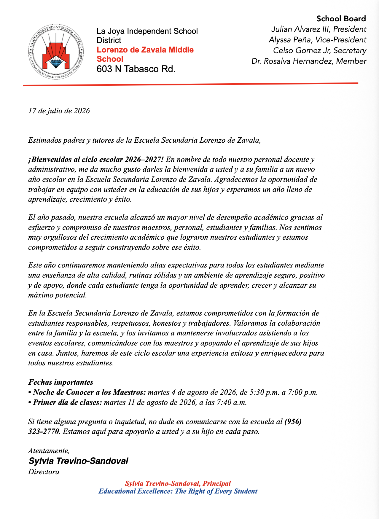 Parent letter spanish
