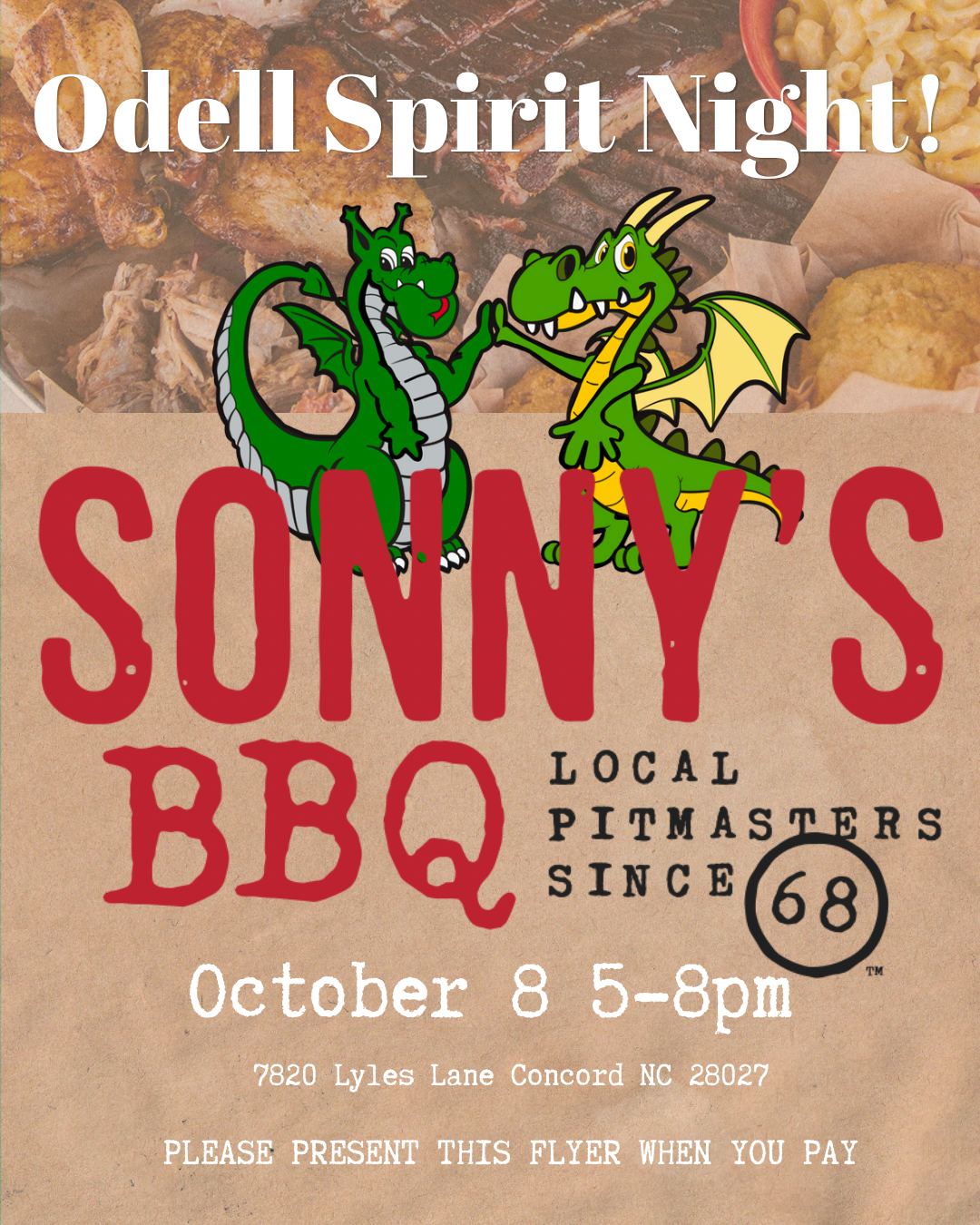 🐉🍖 TOMORROW!  Odell Spirit Night at Sonny’s BBQ! 🍖🐉