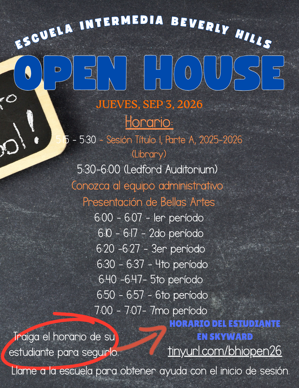 Beverly Hills Intermediate School Open House event poster with schedule details.