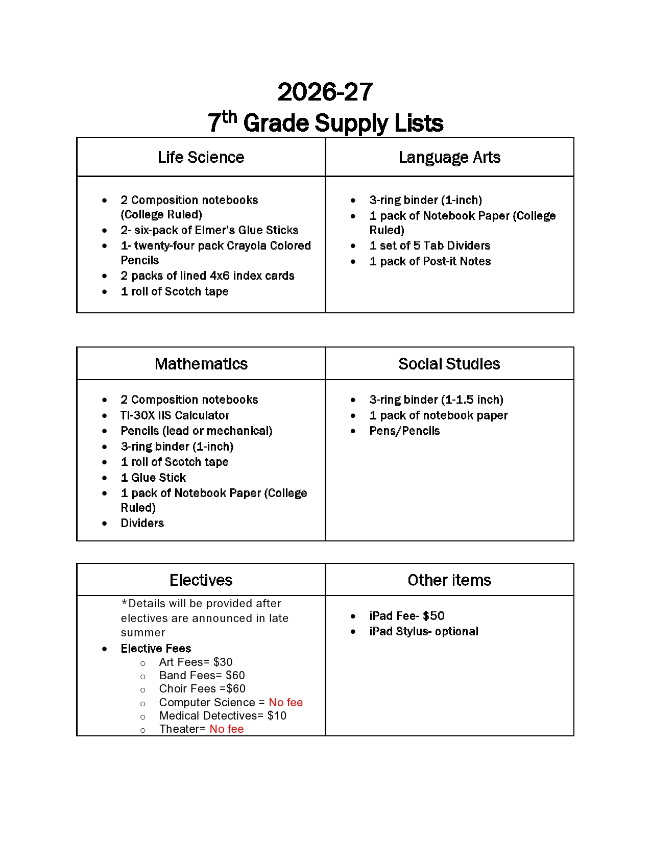 7th Grade School Supply List