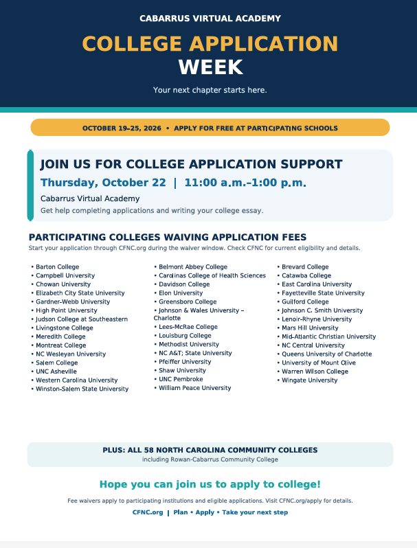An informational flyer announcing Cabarrus Virtual Academy's College Application Week from October 19-25, 2026.