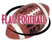 A brown and white football surrounded by a black ring with the text 'FLAG FOOTBALL' in red letters across the center.