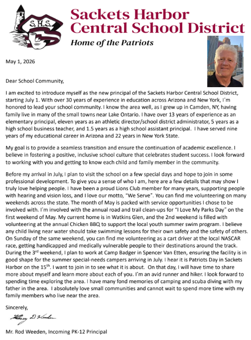 Letter from Rodney Weeden, Our Incoming Principal