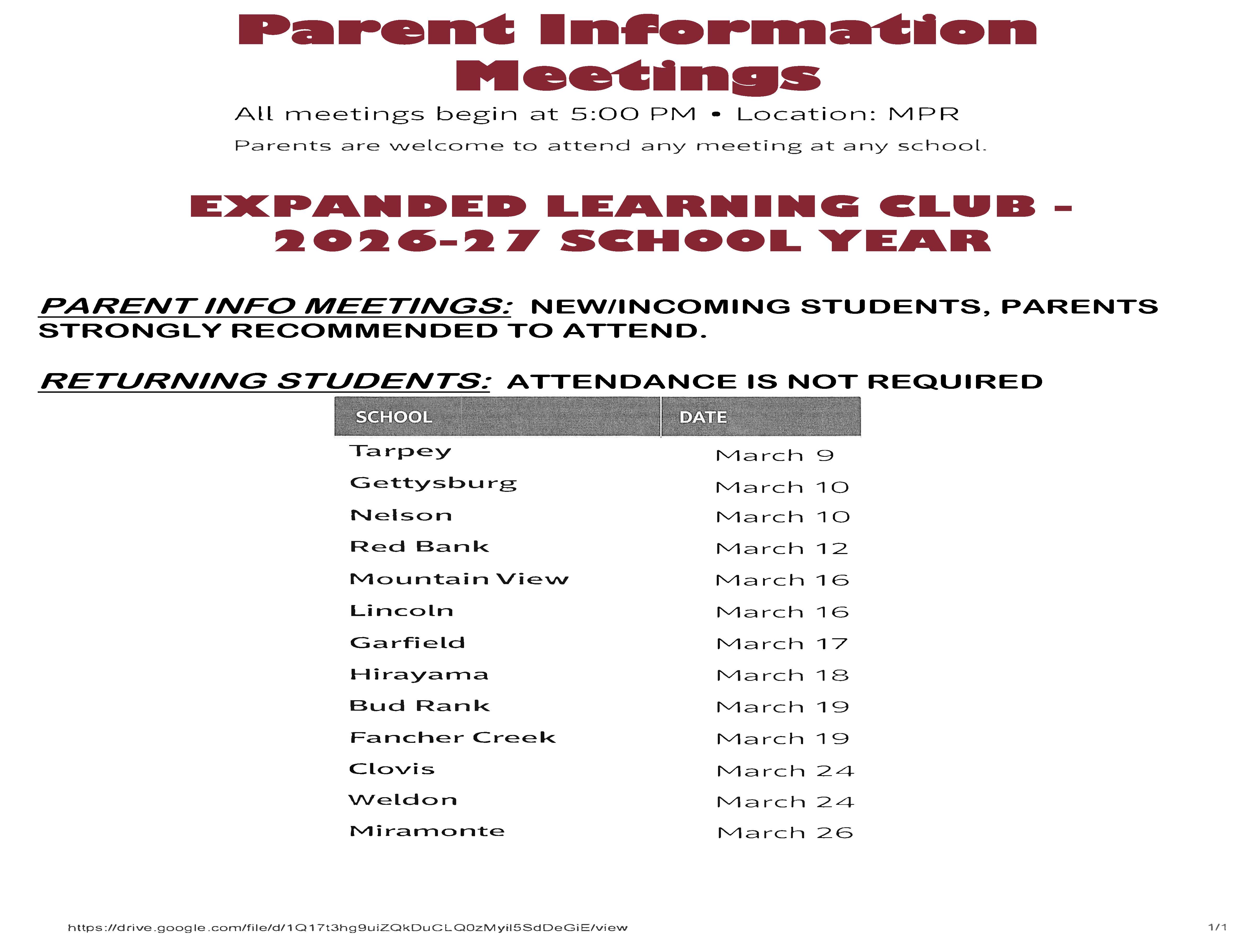 ELC Parent Info Meetings