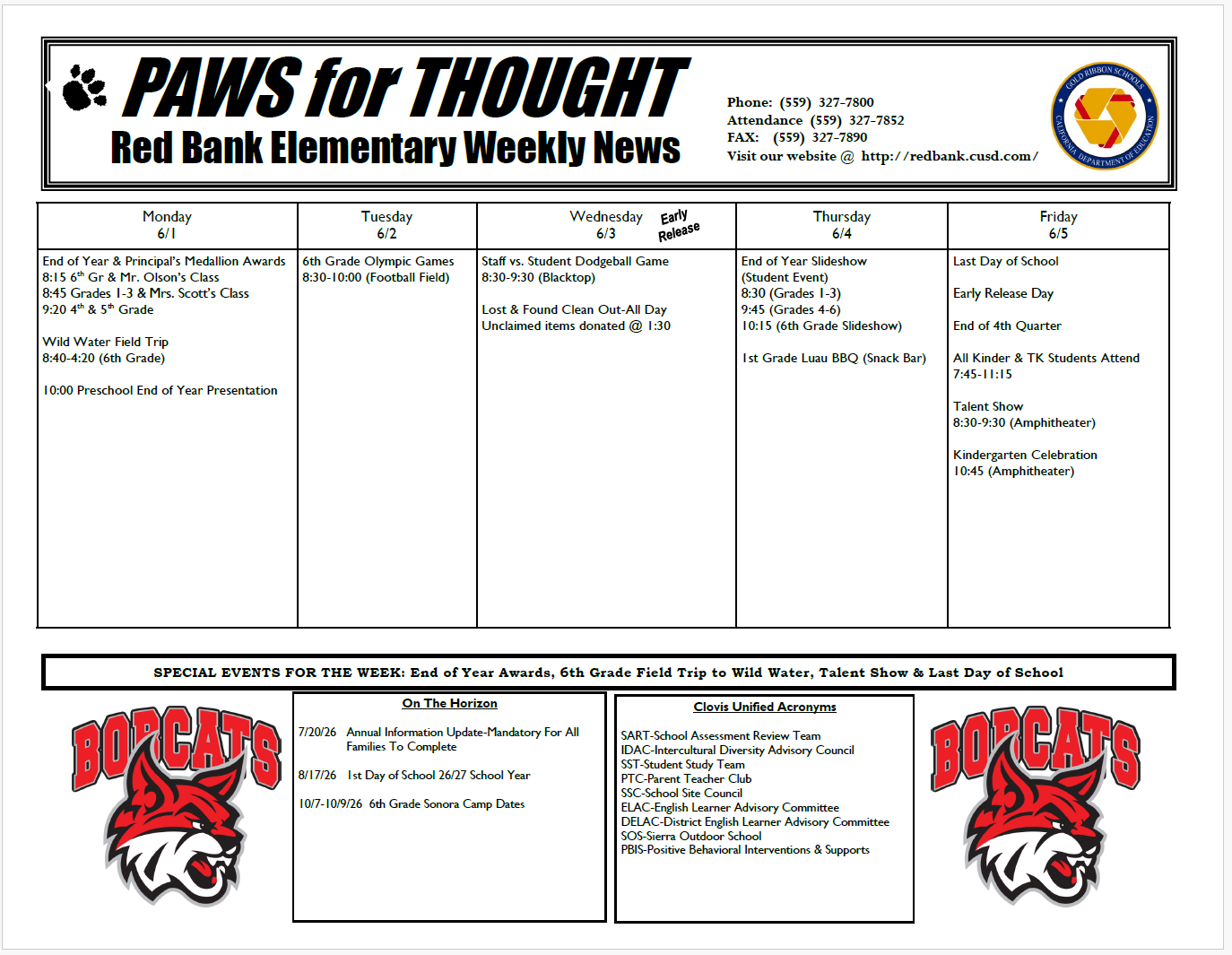 Weekly Calendar June 1-5, 2026