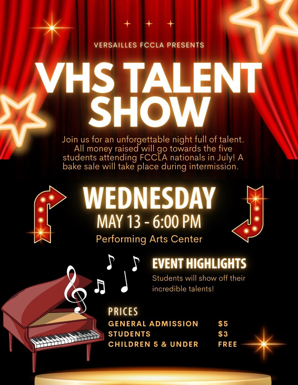 Poster for the VHS Talent Show presented by Versailles FCCLA, featuring a red curtain background and marquee lights.