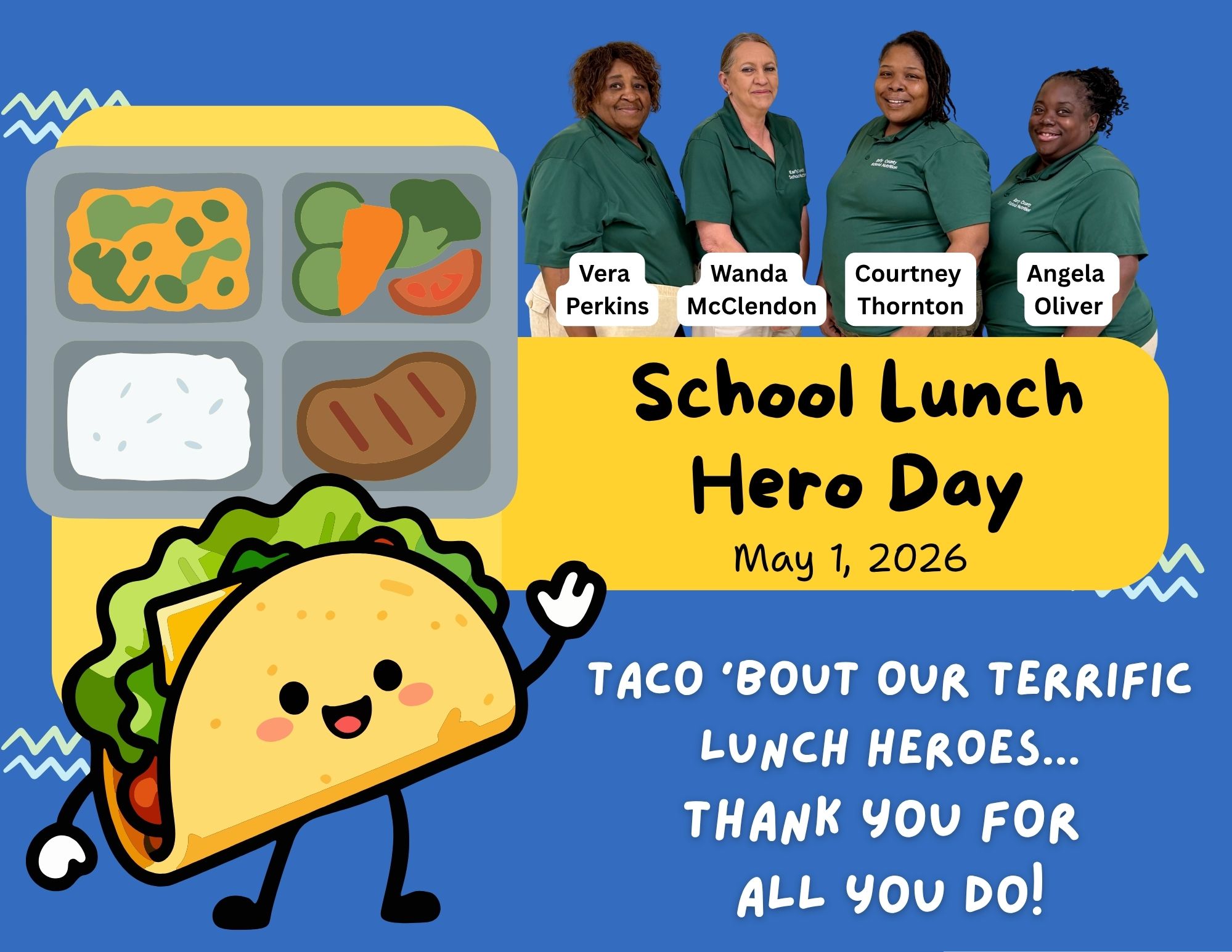Four women, Vera Perkins, Wanda McClendon, Courtney Thornton, and Angela Oliver, are honored on School Lunch Hero Day, May 1, 2026.