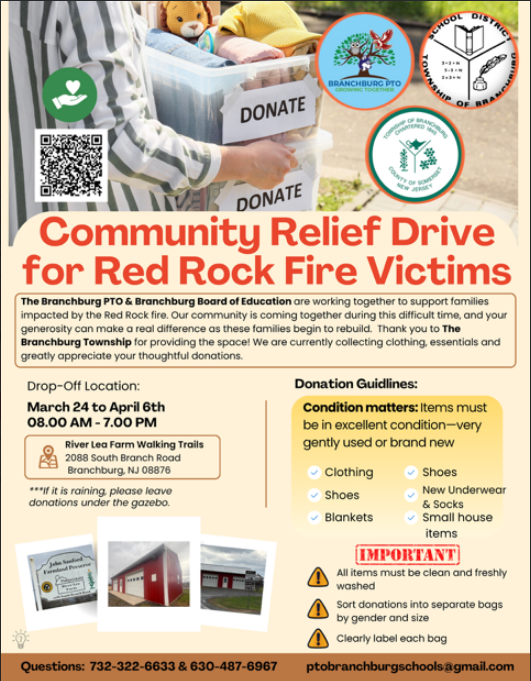 Poster for a Community Relief Drive for Red Rock Fire Victims, organized by Branchburg PTO and Board of Education.