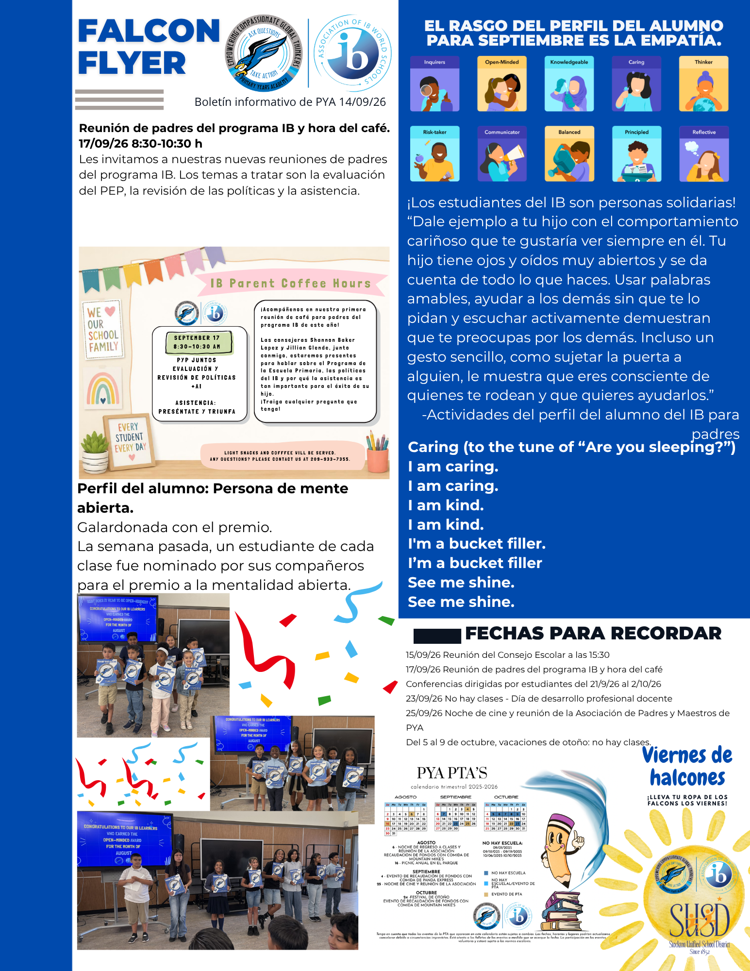 A digital newsletter titled "Falcon Flyer" in Spanish, detailing IB parent meetings, student awards, and upcoming school calendar dates.