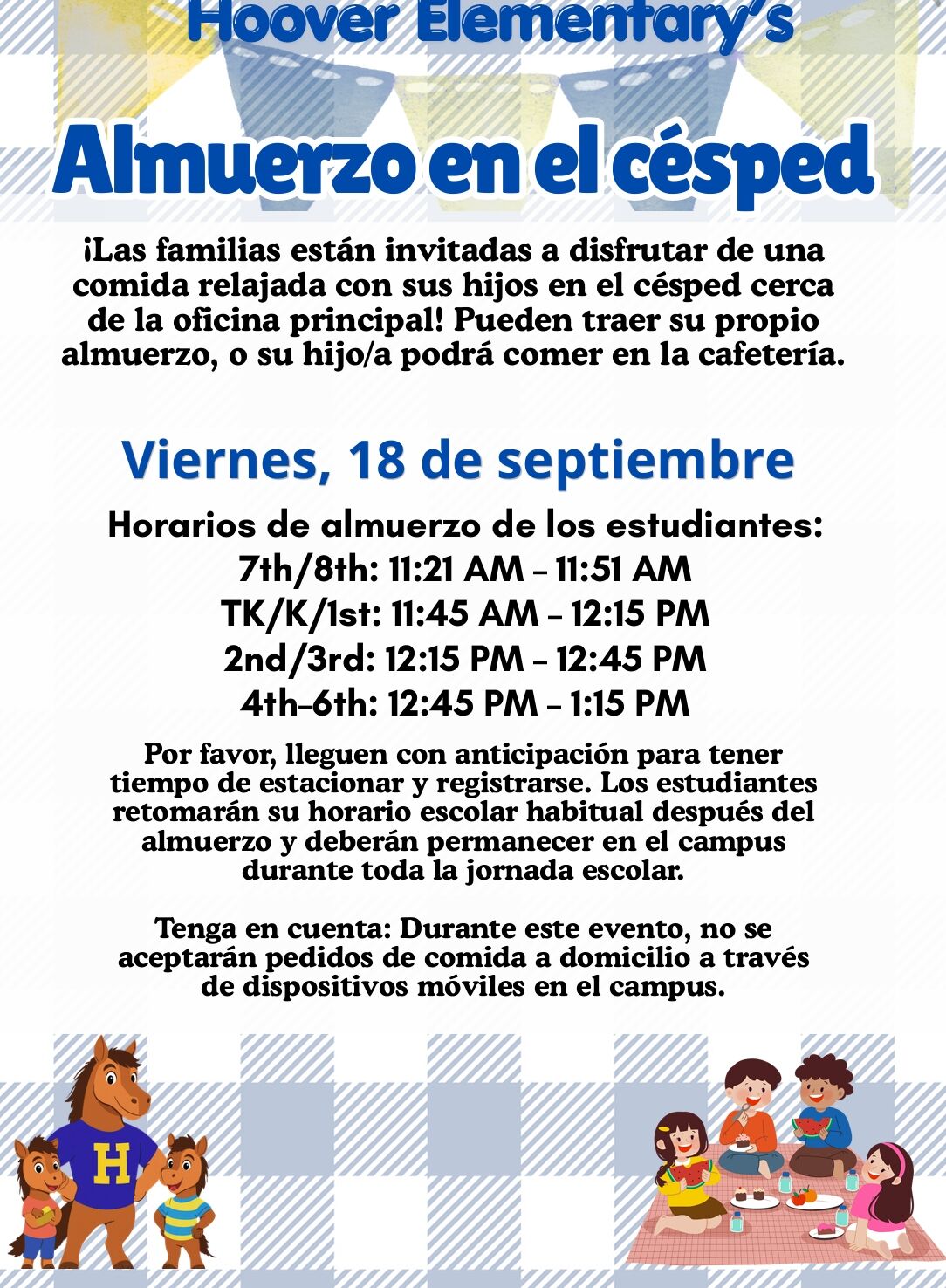 A flyer in Spanish announcing Hoover Elementary's 'Almuerzo en el césped' event on Friday, September 18th.