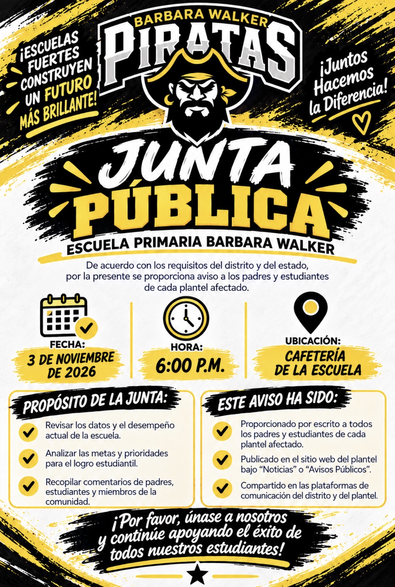 A flyer in Spanish announces a public meeting for Barbara Walker Elementary School, scheduled for November 3, 2026, at 6:00 p.m. in the school cafeteria.
