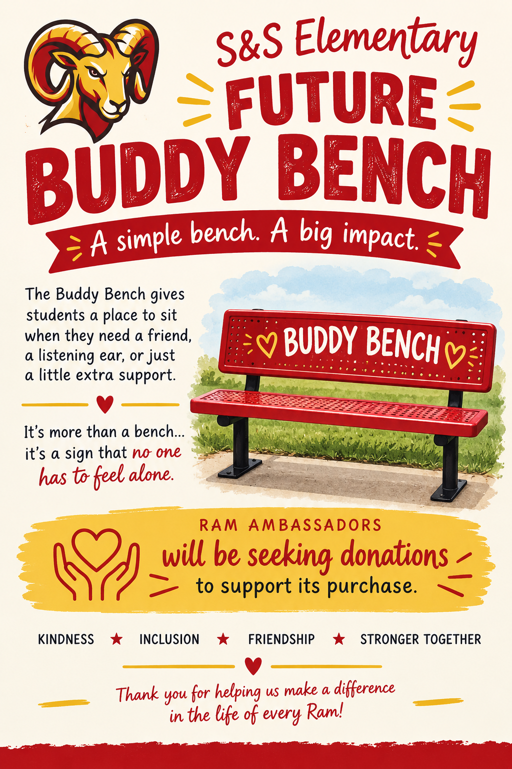 A promotional poster for the S&S Elementary Future Buddy Bench initiative, featuring a red bench and ram mascot.