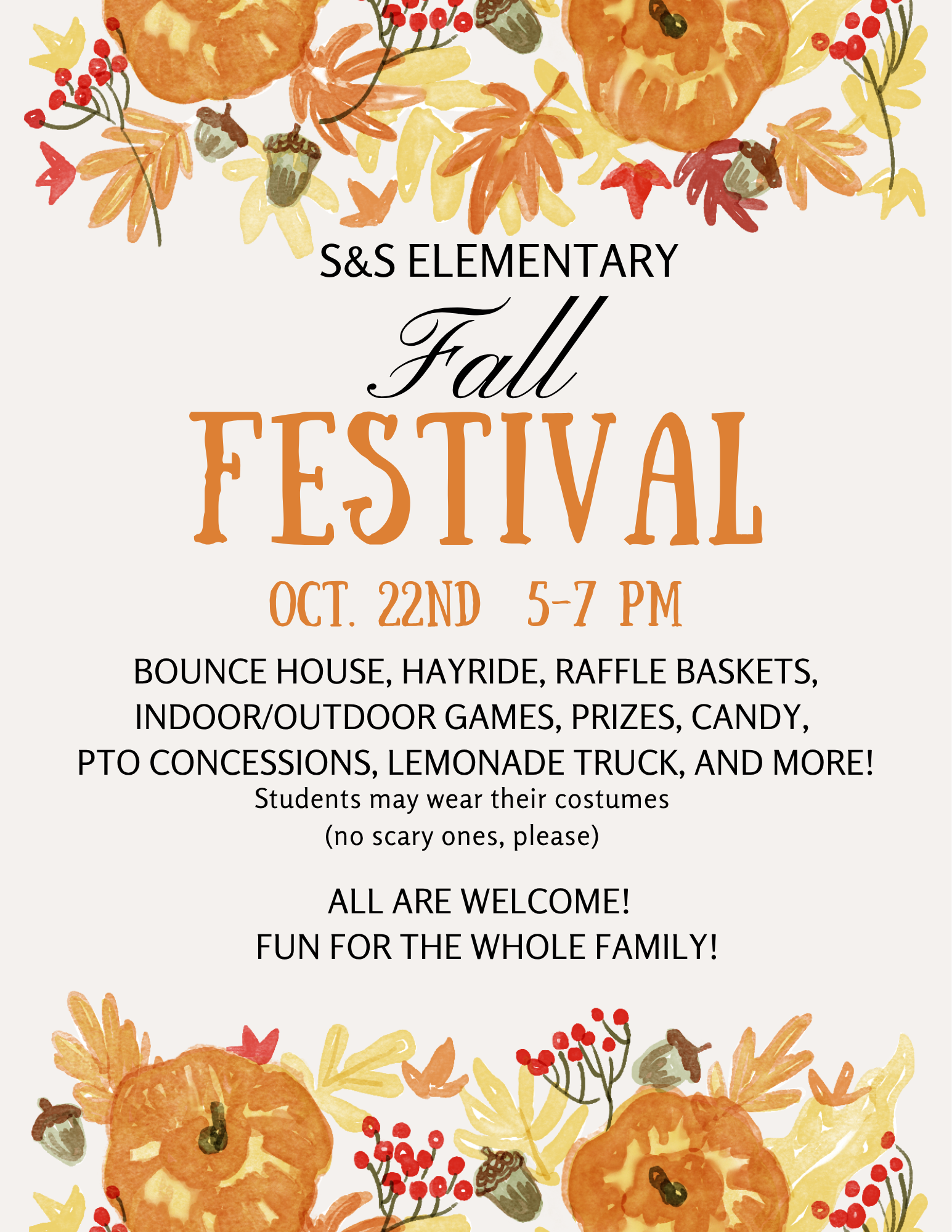A flyer for the S&S Elementary Fall Festival on Oct 22nd from 5-7 pm, decorated with watercolor pumpkins and autumn leaves.