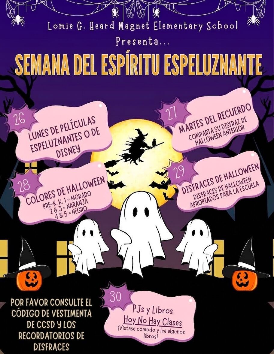 A purple flyer for Lomie G. Heard Magnet Elementary School's spooky spirit week, detailing daily themes.
