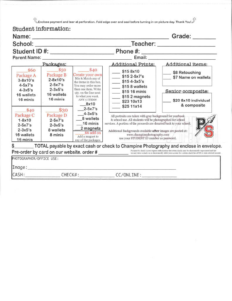 A form for ordering school portraits, detailing package options, additional prints, and items.
