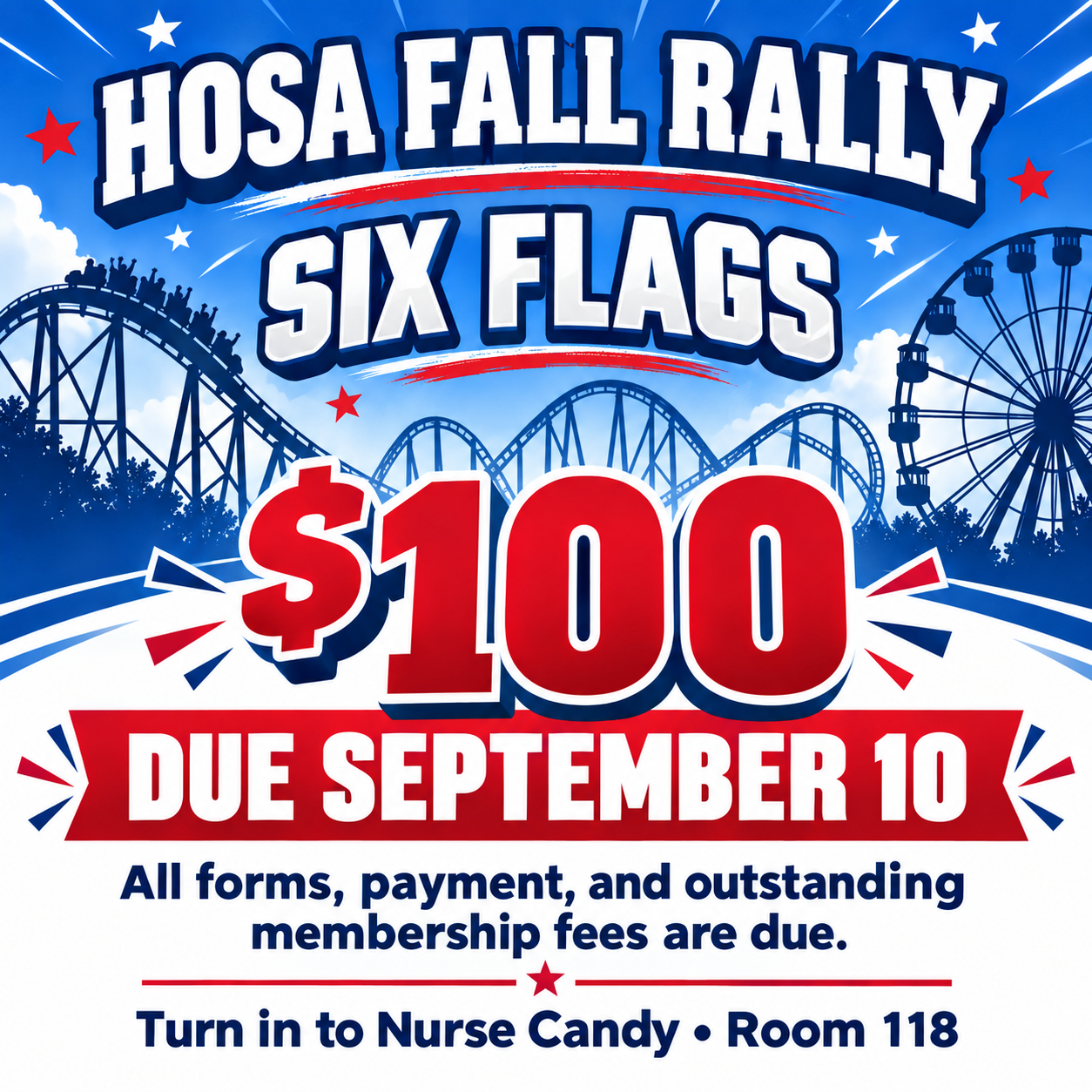 🩺🚨 Deadline Alert: HOSA Six Flags Forms Due September 10th! 🎟️🎢🐅