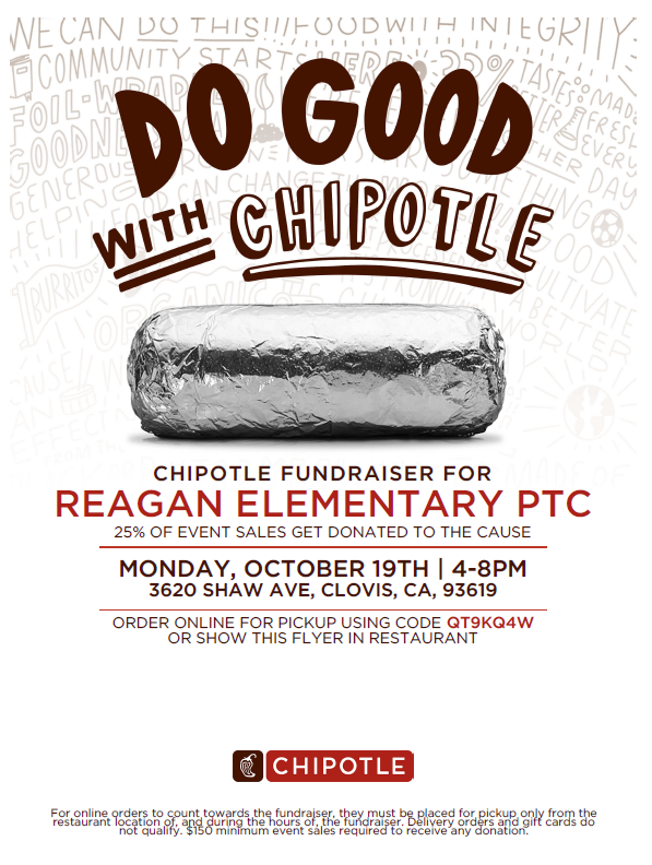 A promotional flyer for a Chipotle fundraiser for Reagan Elementary PTC, featuring an image of a wrapped burrito.