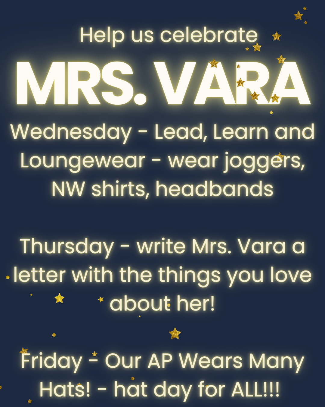 A dark blue background with glowing yellow text announcing a celebration for Mrs. Vara.