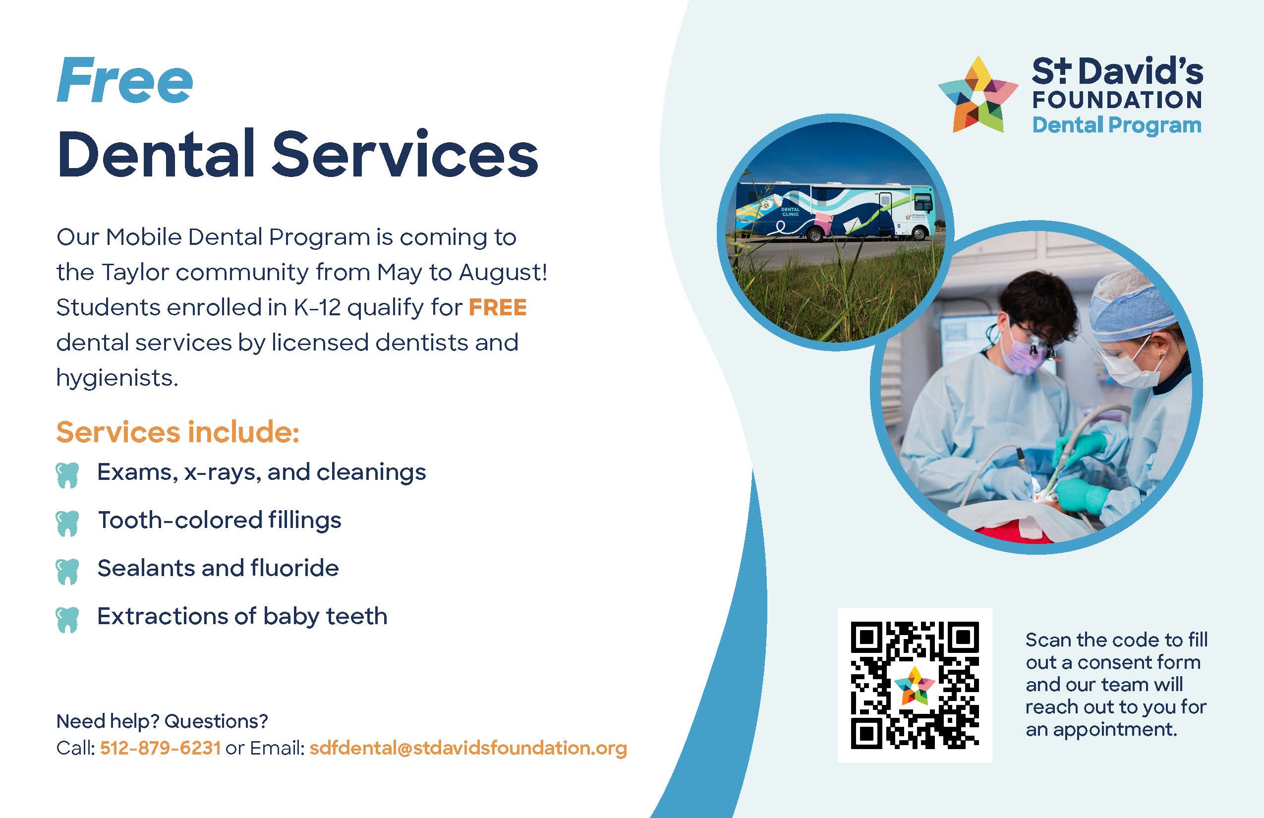 Promotional graphic for St. David's Foundation's Free Mobile Dental Program offering services to K-12 students.