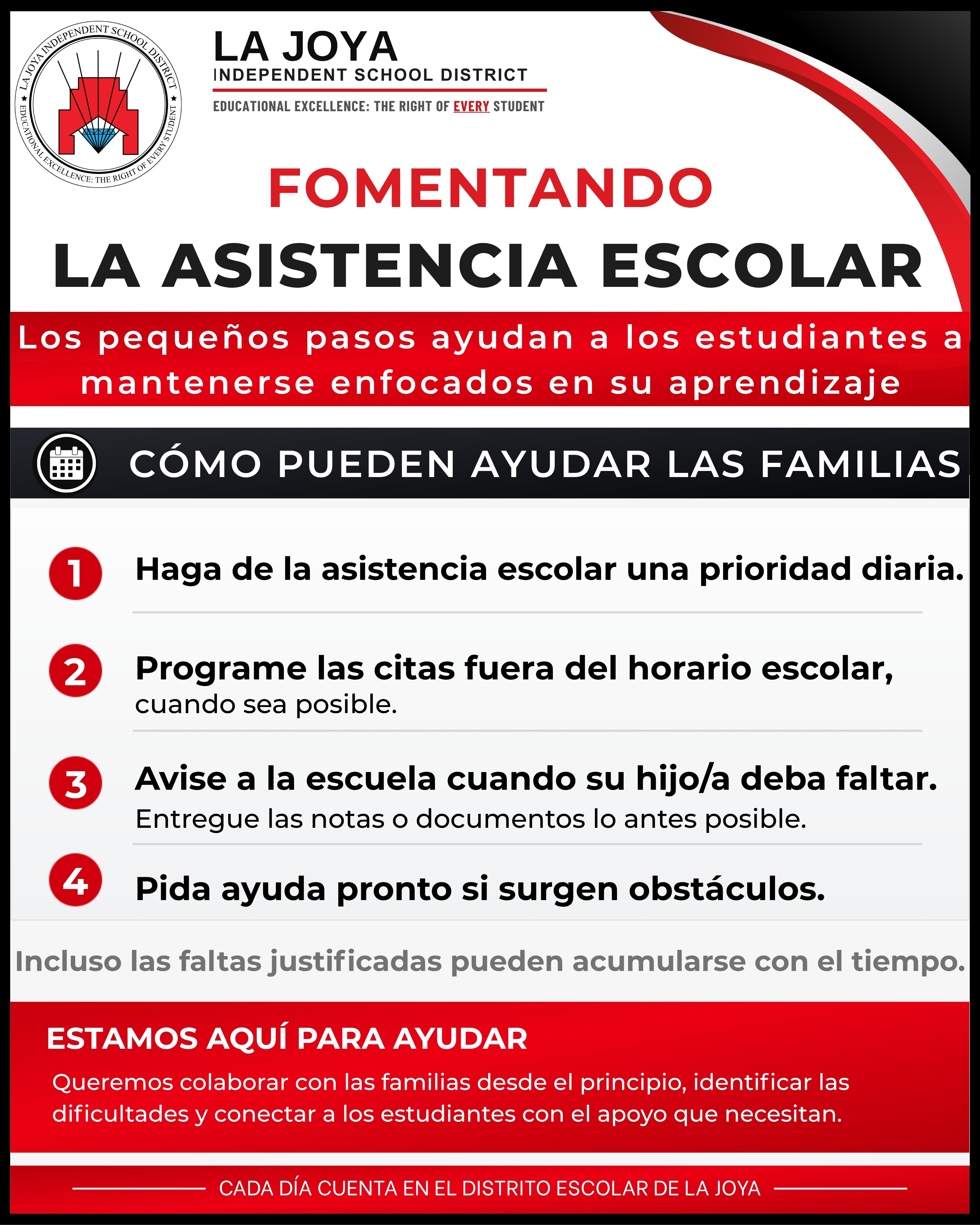 An informational flyer in Spanish from La Joya Independent School District about the importance of school attendance and how families can help.