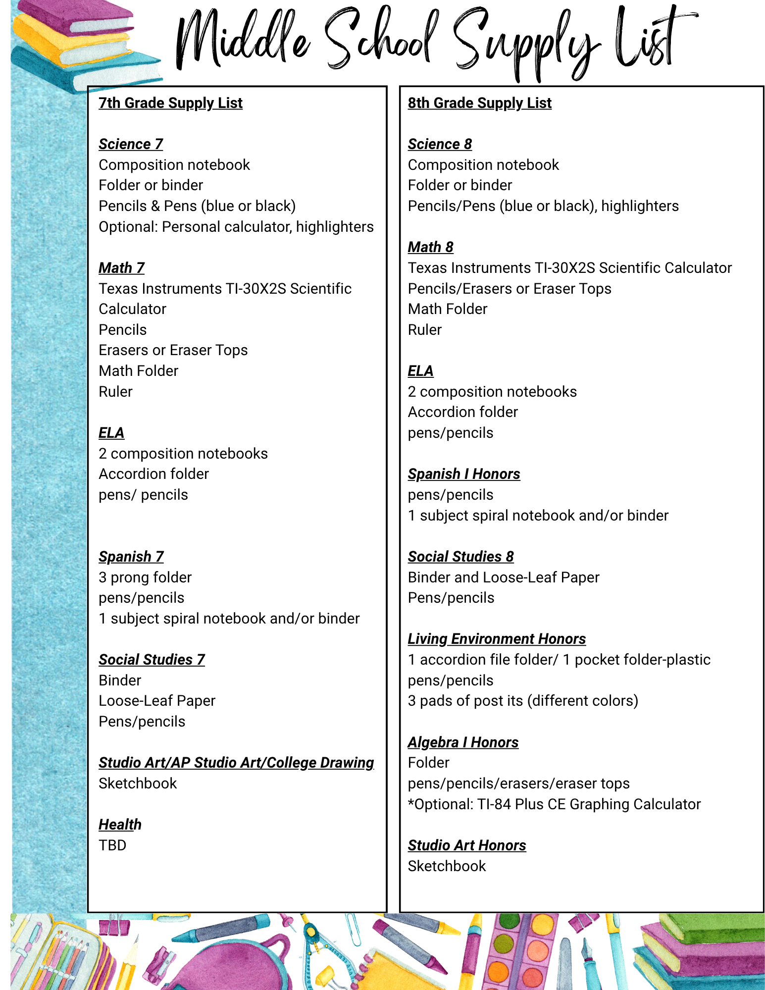Middle/High School Supply Lists