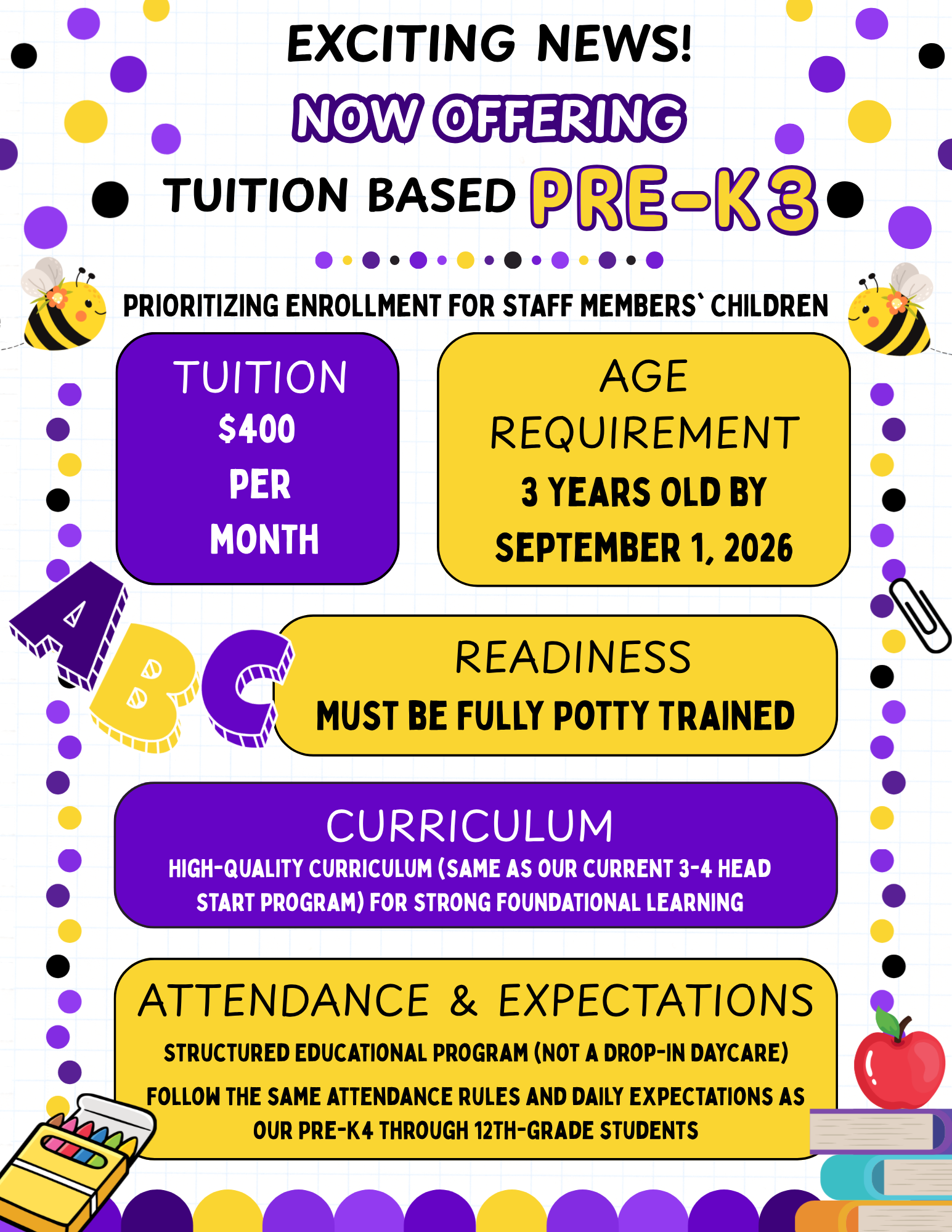 Tuition-Based Pre-K3 Program: UPDATE
