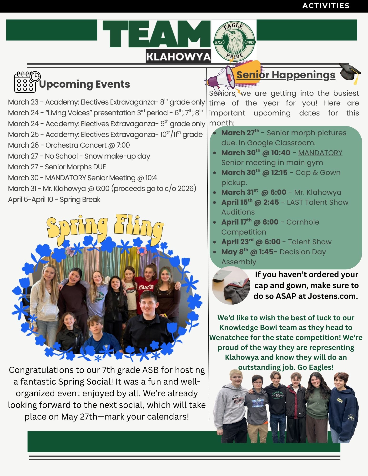 A group of smiling students pose for a photo under a "Spring Fling" banner, with blue floral decorations.