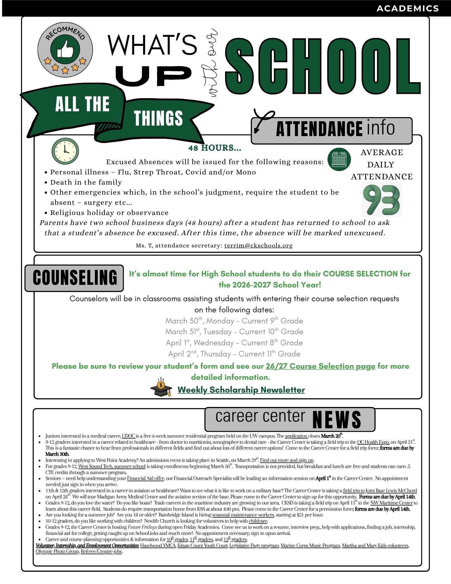 School newsletter with sections on attendance, counseling, and career center news.