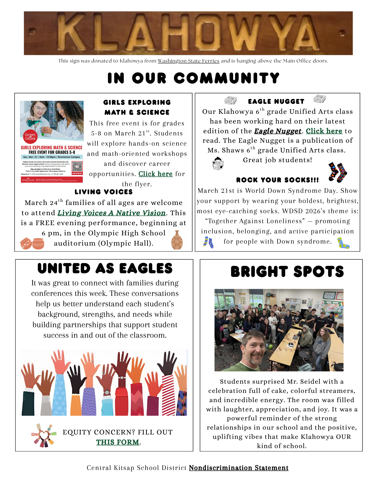 A flyer announces a free event for grades 5-8 called 'Girls Exploring Math & Science' on March 21st at Bremerton Campus.