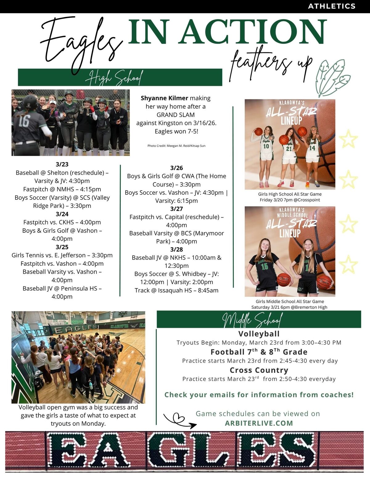 A group of high school softball players in green and white uniforms celebrate on the field.