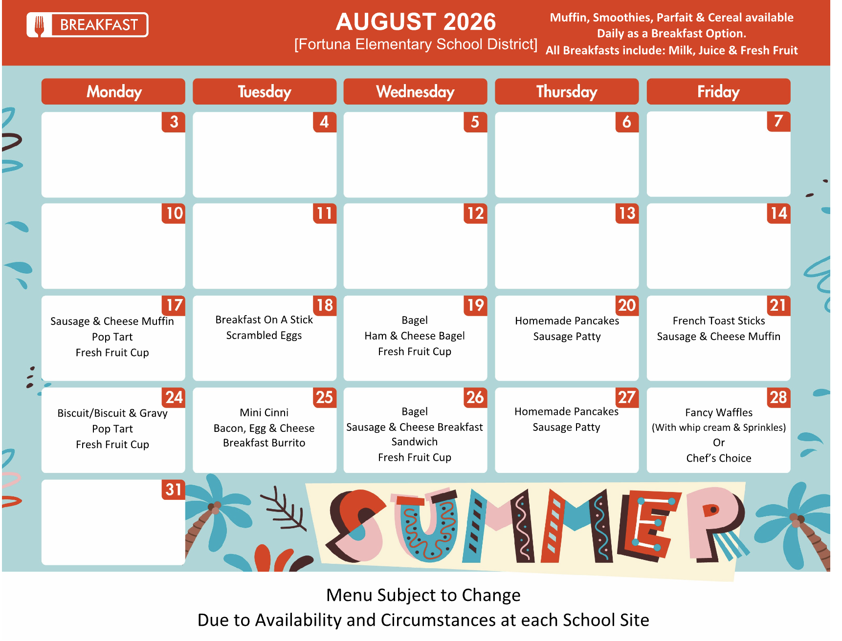 August 2026 breakfast menu for Fortuna Elementary School District, featuring daily options and specific meals.