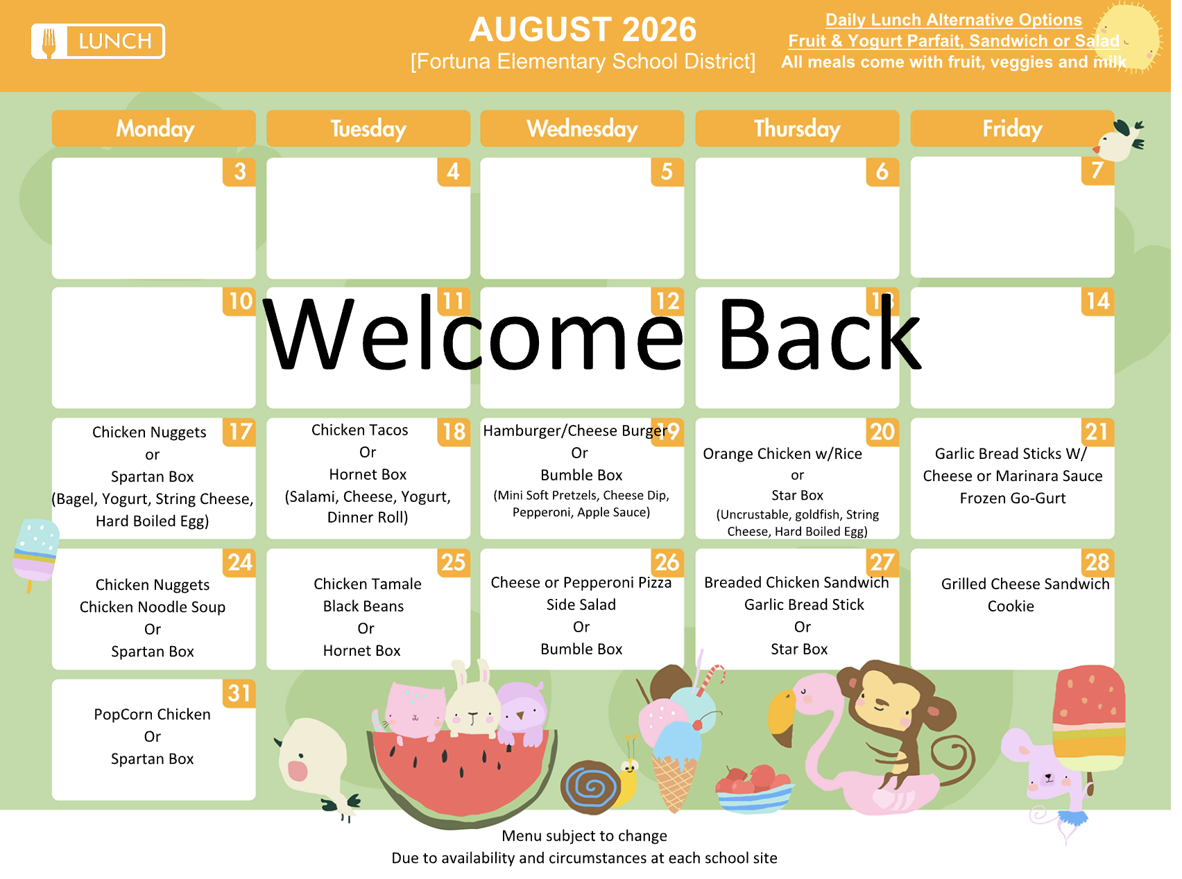 August 2026 school lunch menu with daily options and cartoon characters.
