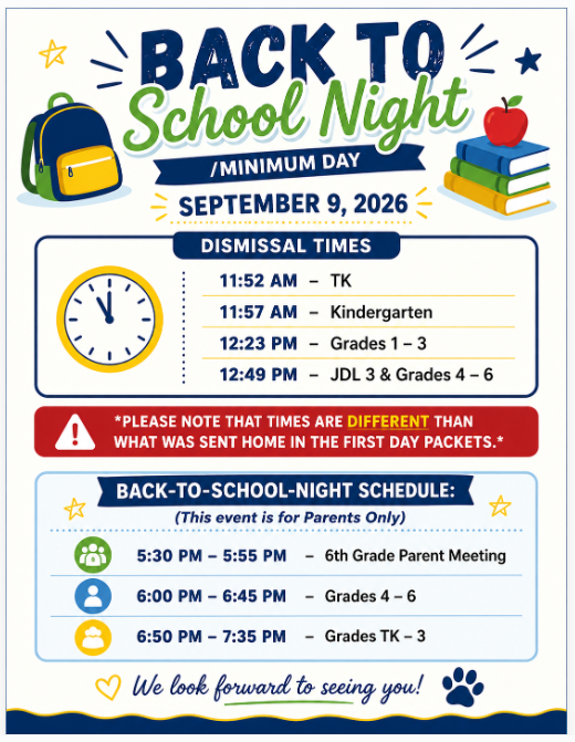 Back to School Night/Minimum Day – September 9, 2026