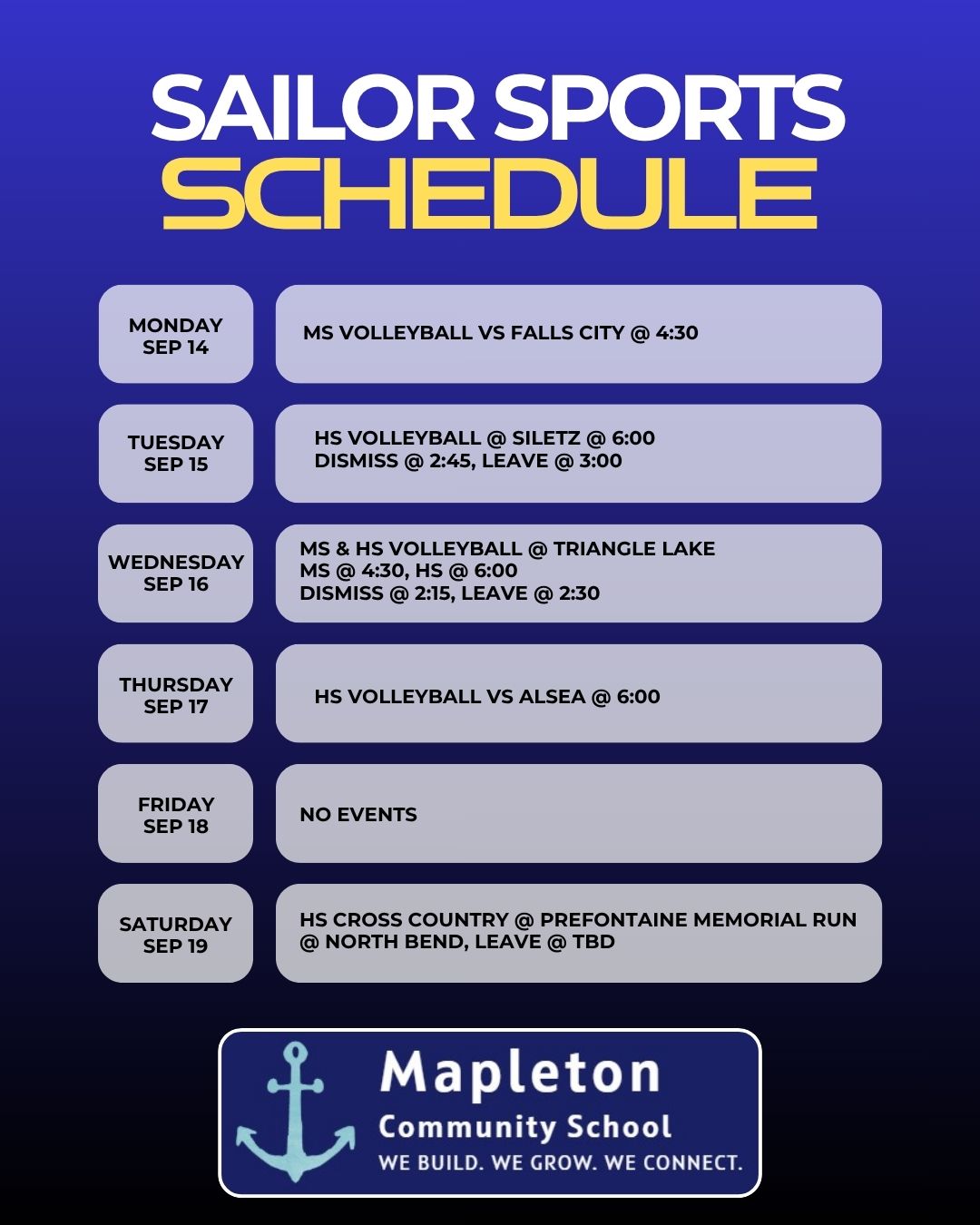 Mapleton Weekly Sports Schedule 