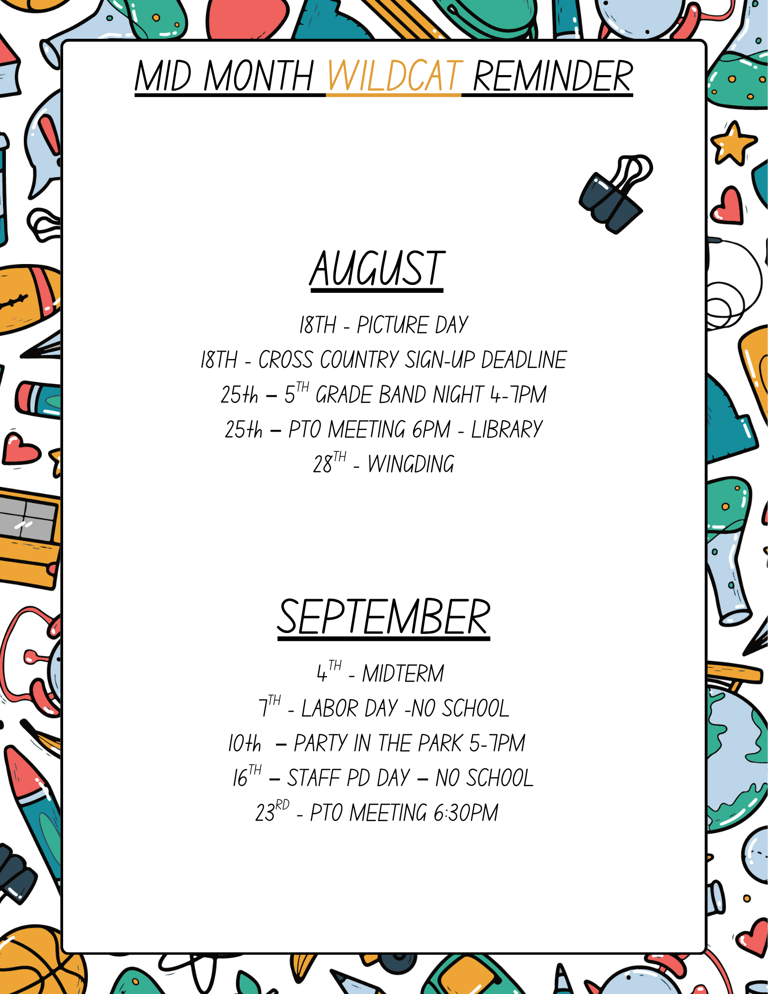 AUGUST 2026 MIDMONTH WILDCAT REMINDER 