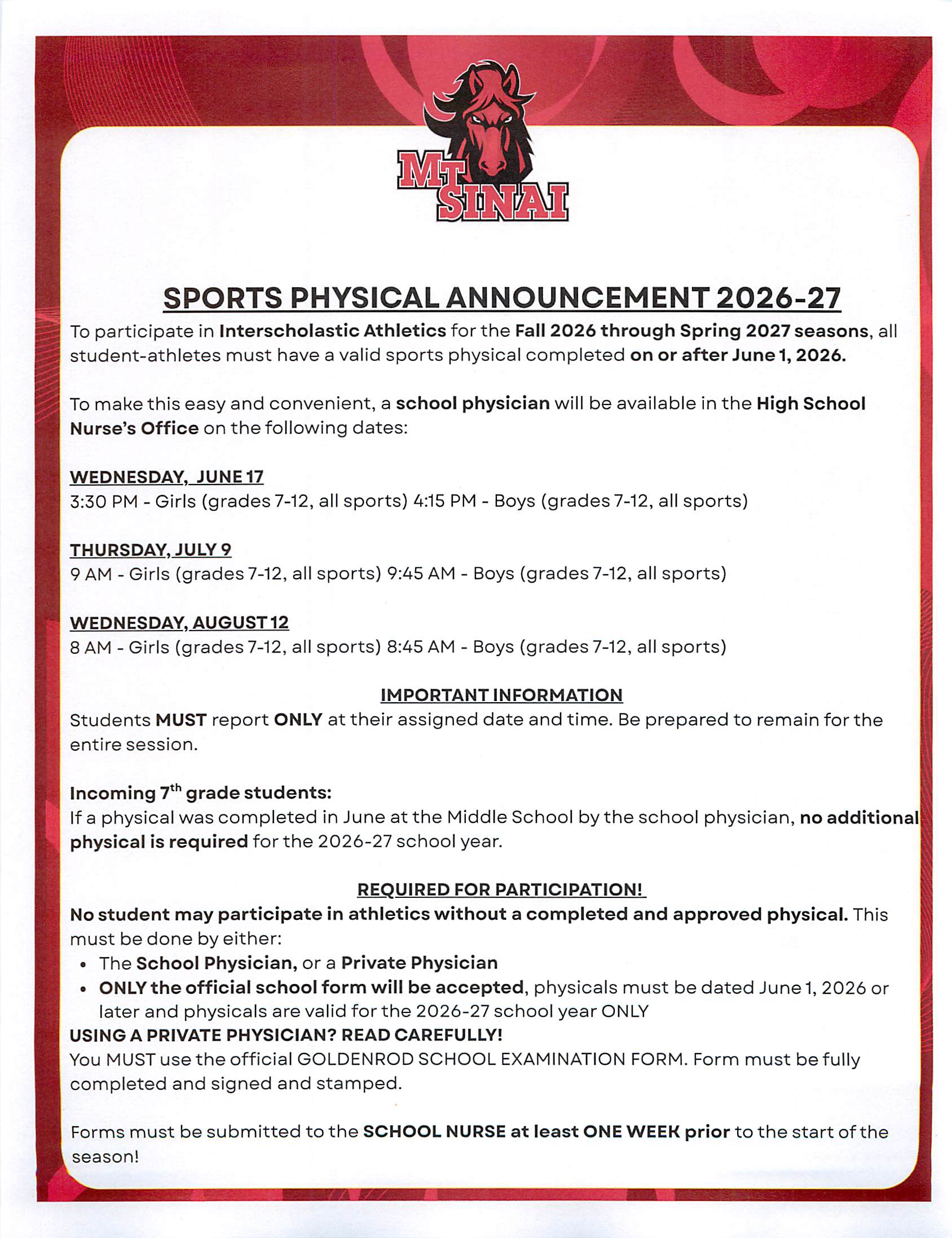 Sports Physicals IMPORTANT REMINDER